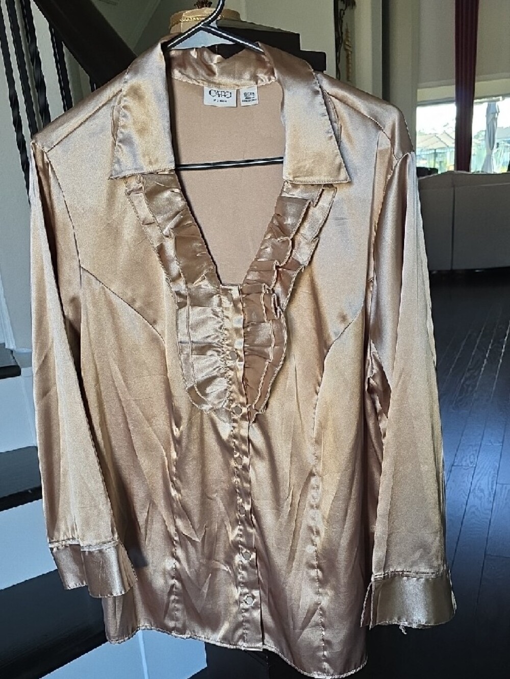 Cato Shimmery Gold Ruffle-Front Satin Blouse - Picture 3 of 13